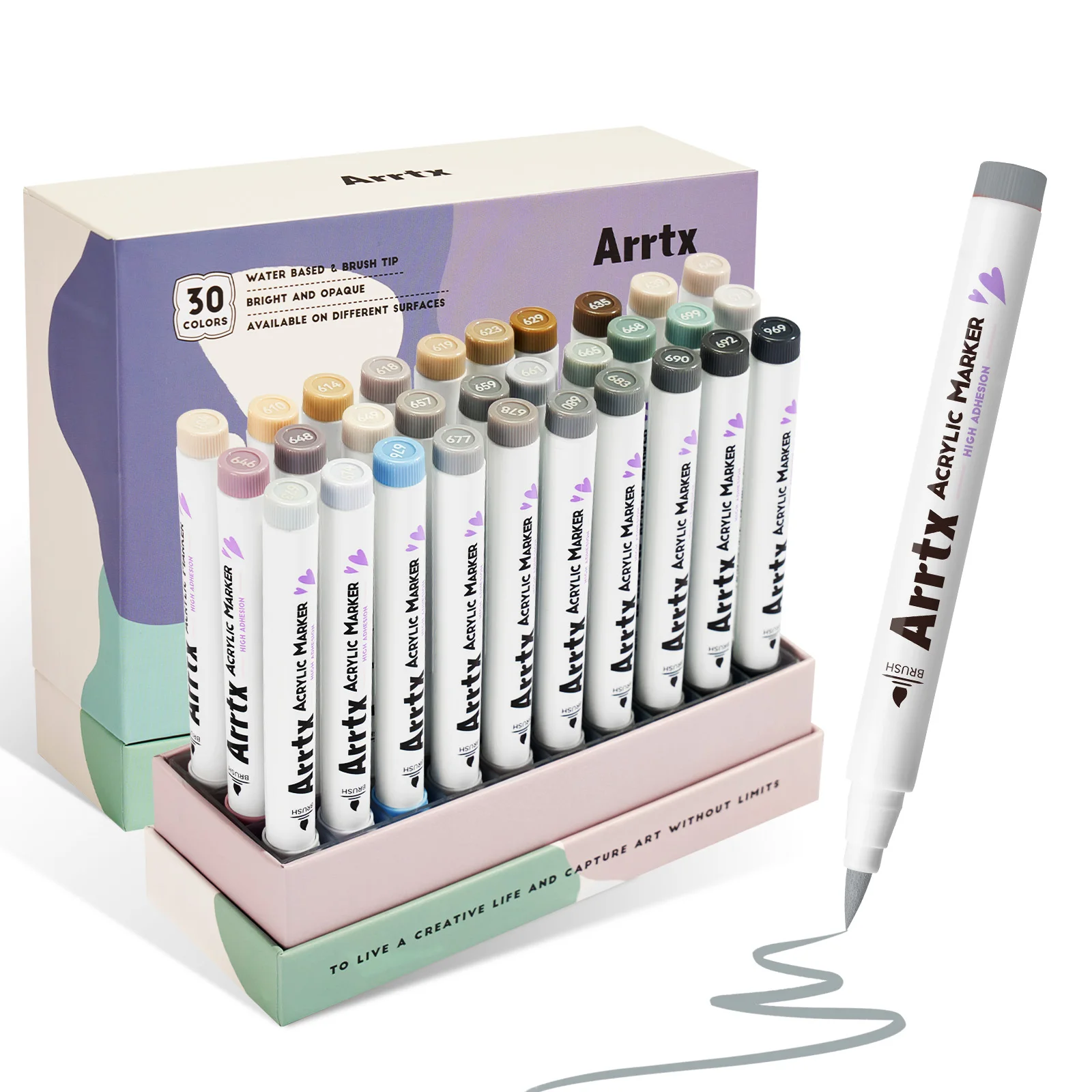 Arrtx 30 Gray Acrylic Paint Markers for Plastic Model Kit Coloring Brush Tip Fast Dry Non-Toxic Rock Glass Wood Fabric Crafts