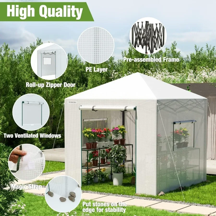 WORKPRO Greenhouse 94 x 94 x 99 الدفيئة المنبثقة للاستخدام في الهواء الطلق منزل البستنة شديد التحمل مع غطاء PE قوي دخول قابل للطي