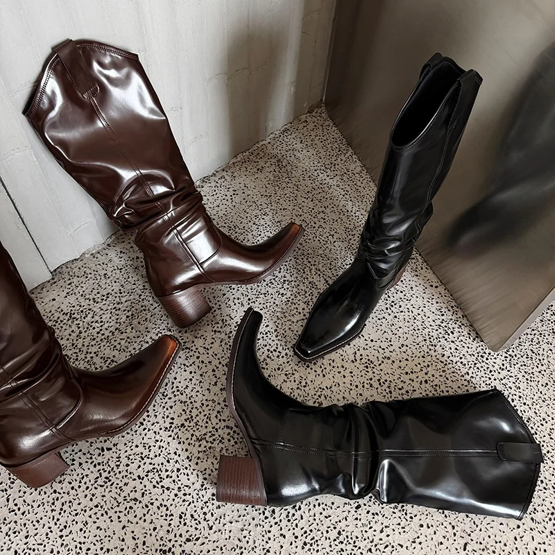 MKKHOU Fashion Knee High Boots Women's New High Quality Genuine Leather Shoes Retro Pleated High Heels Knight Boots Winter view 3