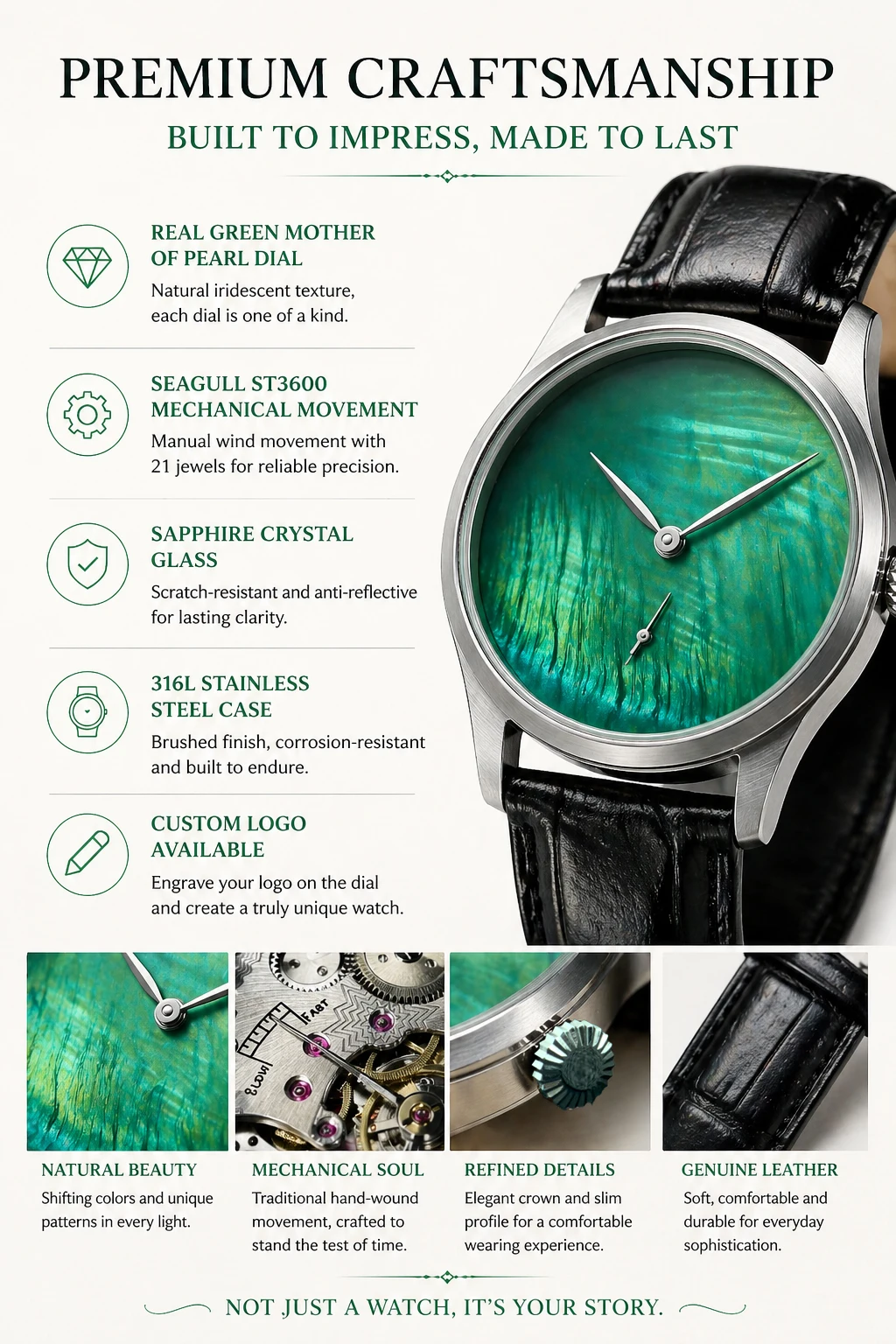 Custom Logo Mechanical Watch 42mm Seagull ST3600 Hand Wind Sapphire Crystal Green Mother of Pearl Dial Gift Men