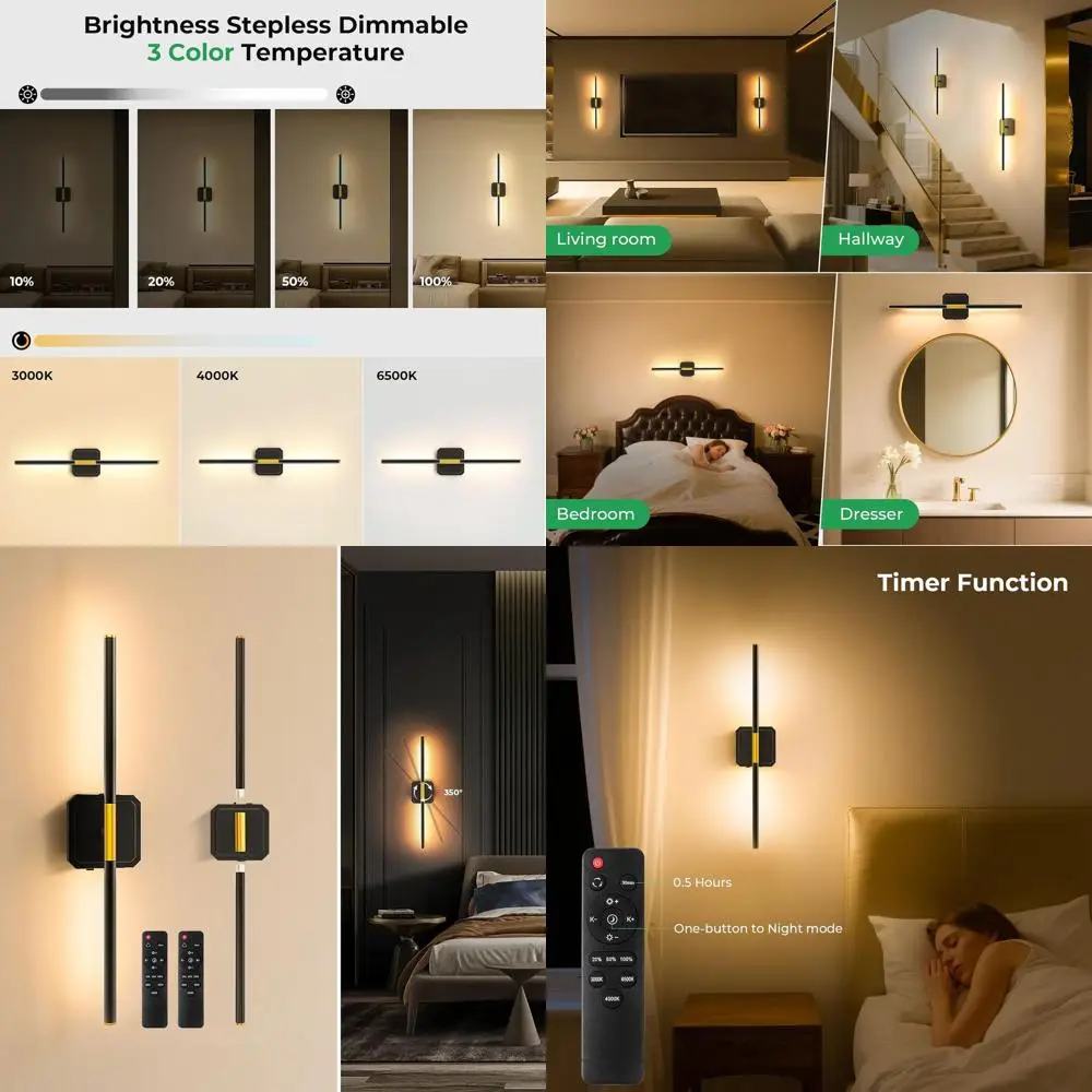 

Набор из 2 перезаряжаемых настенных бра емкостью 10000 мАч, 360 ° Вращающиеся настенные светильники из черного золота с регулируемой яркостью 3000–6500 К для дома