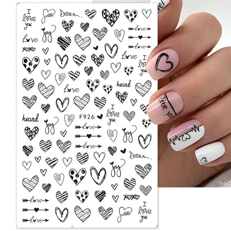 

3D Nail Sticker Black Red Heart Letter Star Line Self-Adhesive Slider Valentine's Day Series Nail Decals Accessories Decorations