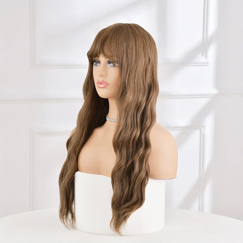 Cross border wigs ladies bangs wavy long curls blonde medium length curls high temperature silk hair hood wig with bangs