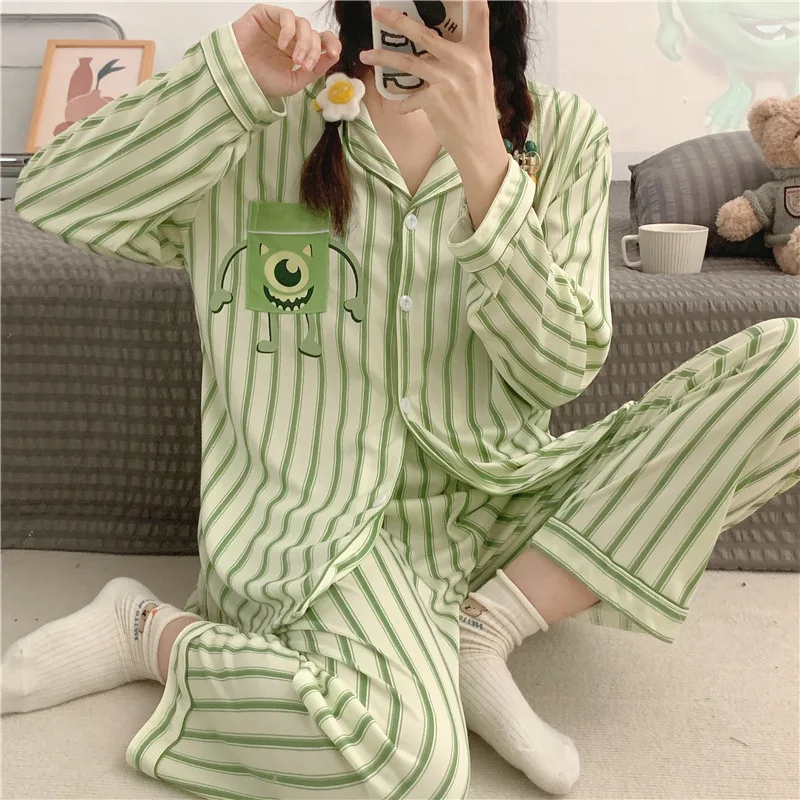 New Korean Women Homewear Peach Yellow Plaid Long-sleeved Long Pants Pajamas Women\'s Autumn Cute Milk Silk Pit Stripes Homewear