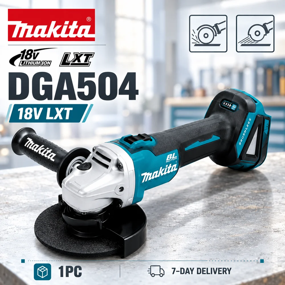 Smerigliatrice angolare a batteria DGA504 18V, modello Makita LXT, con motore brushless, per tagliare, smerigliare e lucidare, completa di kit batteria BL1860B, 18V LXT.
