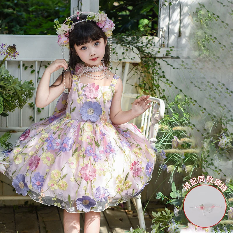 فستان أداء المسرح للفتيات الصغيرات فستان عيد ميلاد للأطفال تنورة حفلات الأميرة لوليتا مجموعة فساتين فتاة صغيرة مُزينة بنقشة الزهور