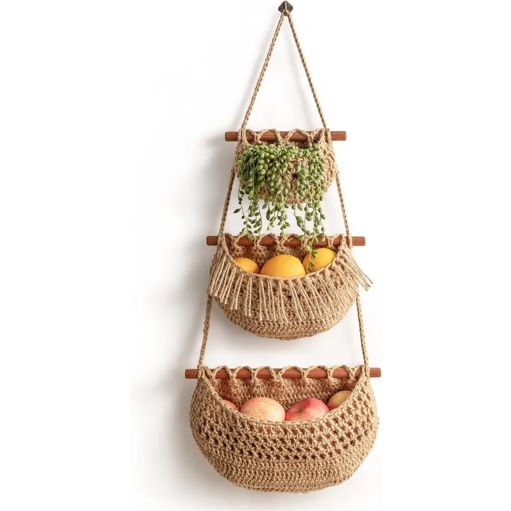 

3-Tier Hanging Jute Basket Organizer for Kitchen, Living Room, Bathroom & Bedroom Storage and BOHO Decor