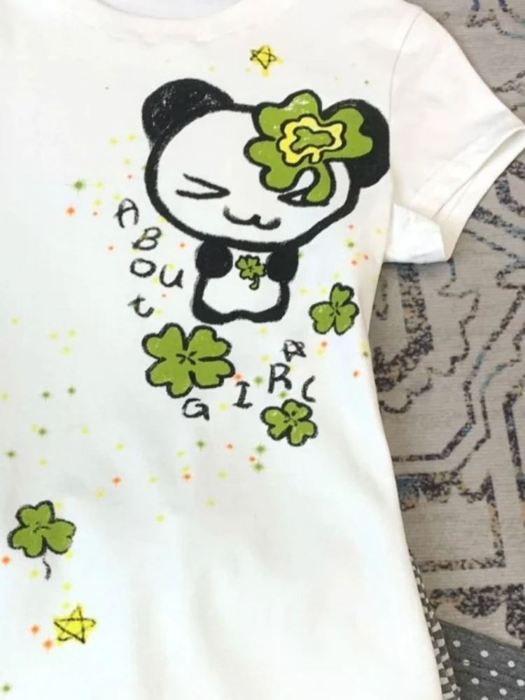 T-shirt grafiche da donna con stampa cartoon bianca Y2K T-shirt stile preppy slim fit estetica casual estiva Harajuku Grunge Top