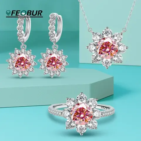 여성을위한 4ct 해바라기 Moissanite 쥬얼리 세트 925 스털링 실버 레드 보석 다이아몬드 목걸이 귀걸이 세트 웨딩 신부 선물