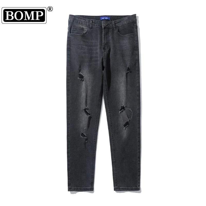 

[BOMP] Edison Black Beggar Hole Jeans Мужская мода Slim Fit Small Feet Straight Tube High Street Trend Хип-хоп Длинные брюки