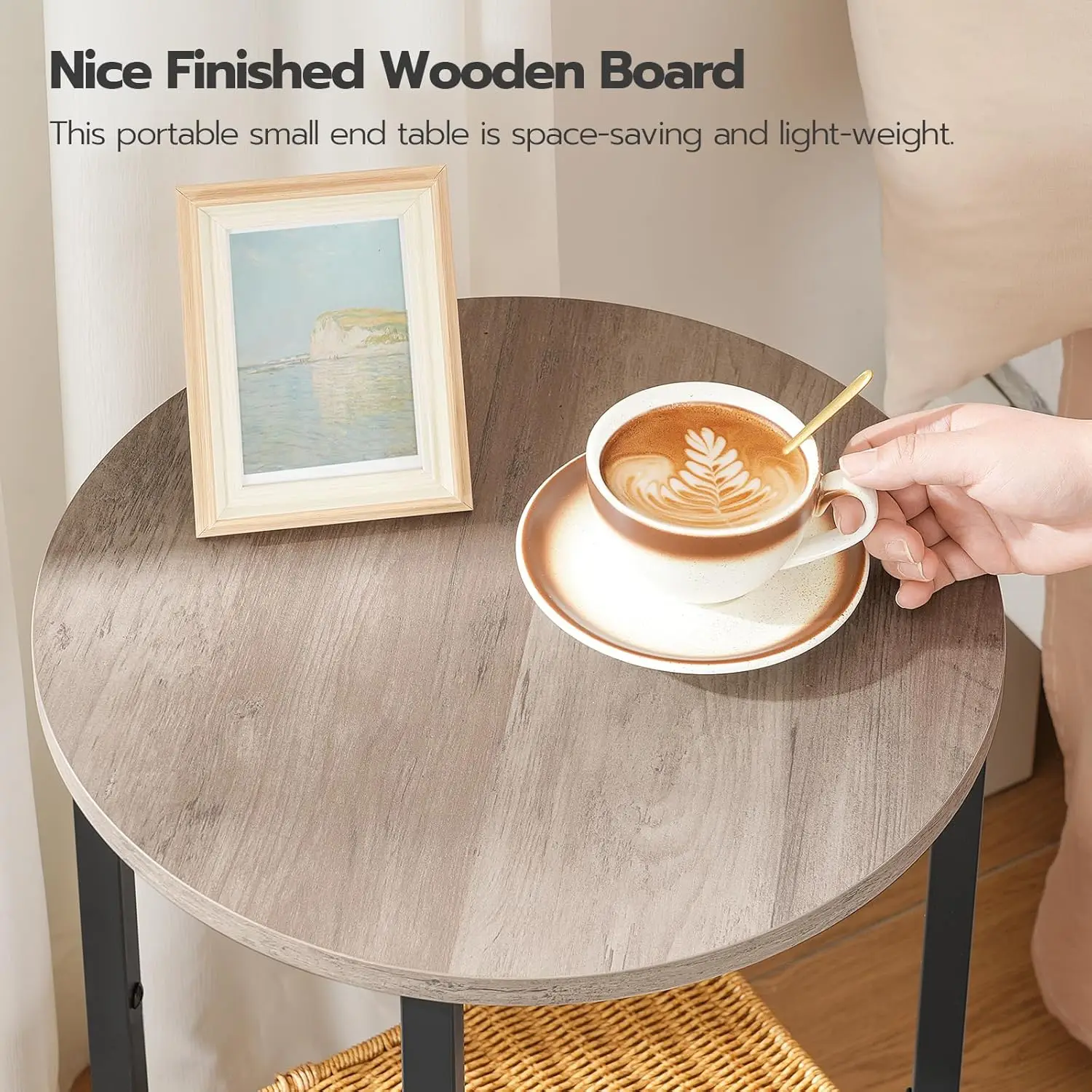 Round Side Table, Wooden Look Accent End Table for Sofa Couch, Round Nightstand with 2-Tier Storage Shelf, for Small Spaces i