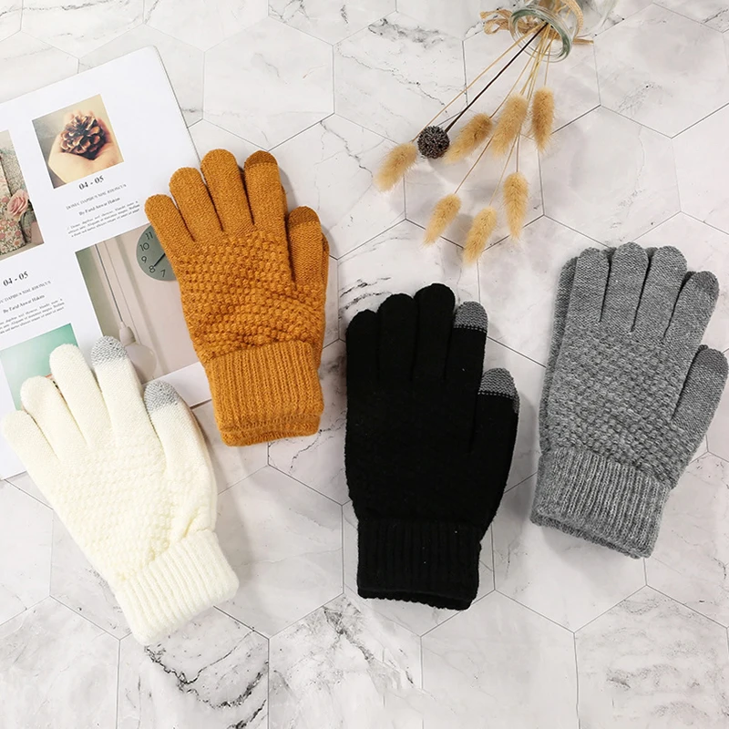 Winter Touch Screen Gloves Warm Stretch Knitted Mittens Imitation Wool Full Finger Gloves Women Men Crochet Mittens