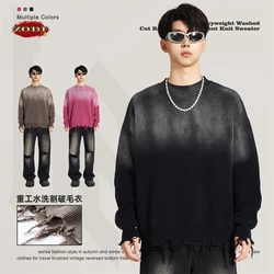 ZODF 2023 Autumn Winter Men Washed Round Neck Gradient Sweater Retro Couple Unisex Loose Knitted Pullovers Streetwears HY0720