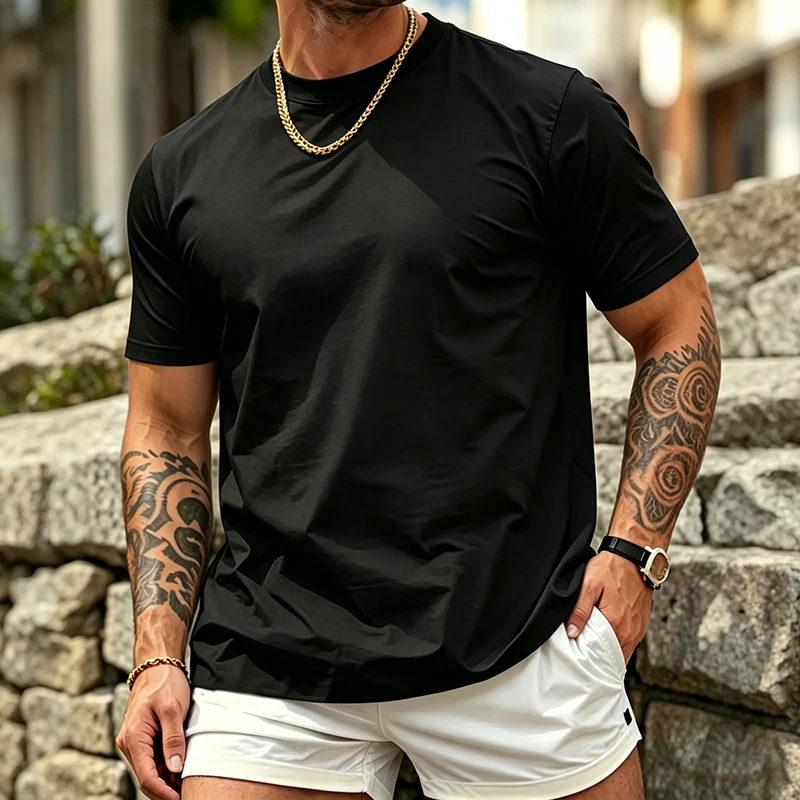 T-shirt Homme Slim Fit à Manches Courtes – Été, Élastique, Doux, Basique, Col Rond Classique – Tenue Décontractée Quotidienne pour la Ville et l'Extérieur
