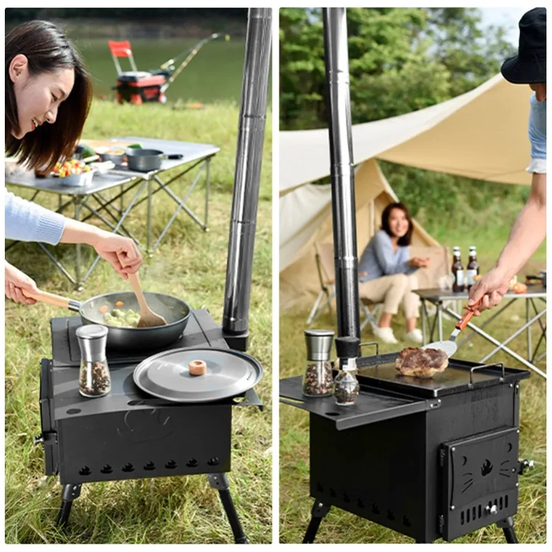 Portable Foldable Wood Burning Stove Camp Tent Stove with Chimney Pipe for Tent Heating Cooking Heavy Duty Steel Camping Stove