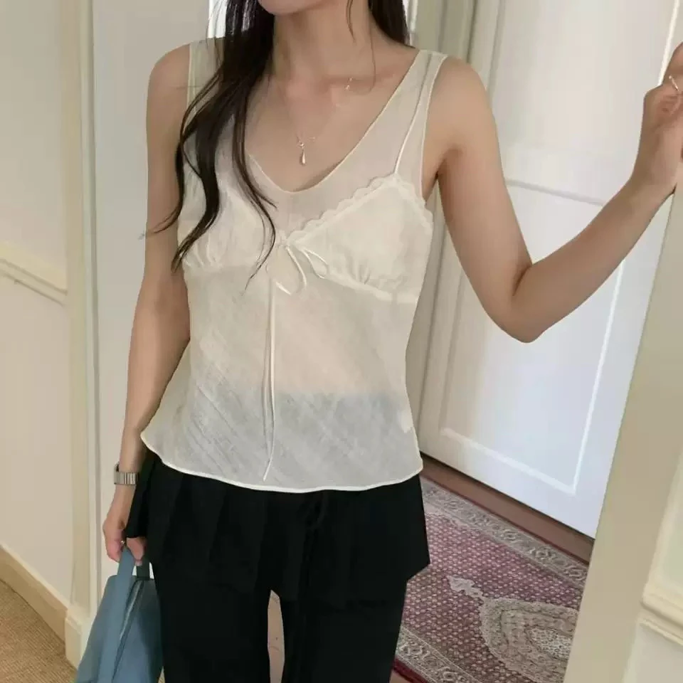 Sexy Inner Wear Folded Texture Strap Vest Casual Style Women's Short Length Top Chinese Production Summer Season Fashion