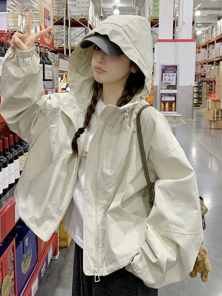 

Slimming Effect plus Size Women's Faionable Hooded Workwear Jaet Loose Fit Autumn Outerwear Windproof Long Sve Coat