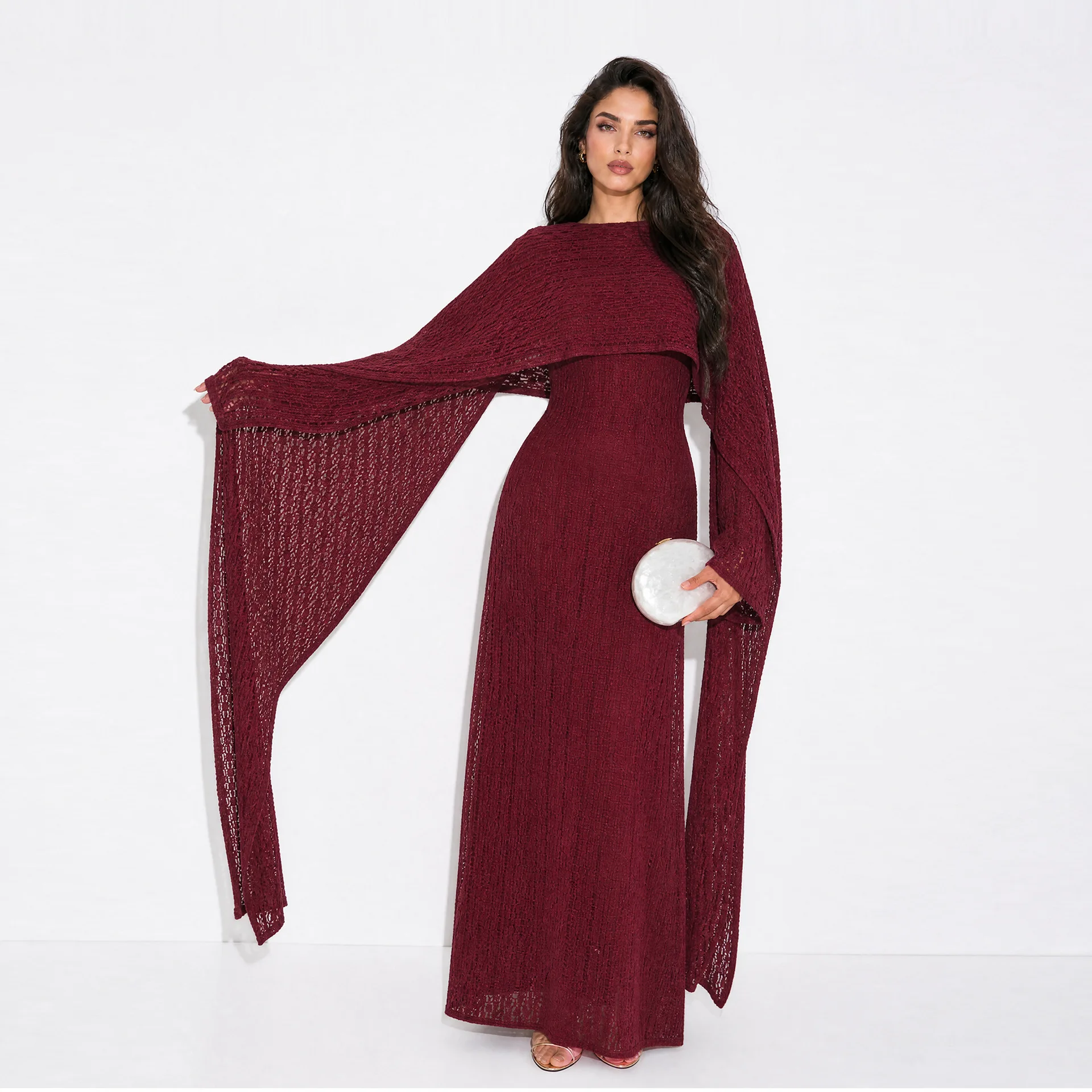 Luxury Dubai Islamic Abaya For Women Hollow Crochet Knit Maxi Gown Cape Shawl Long Sleeve Modest Muslim Dress Party Kaftan Robe