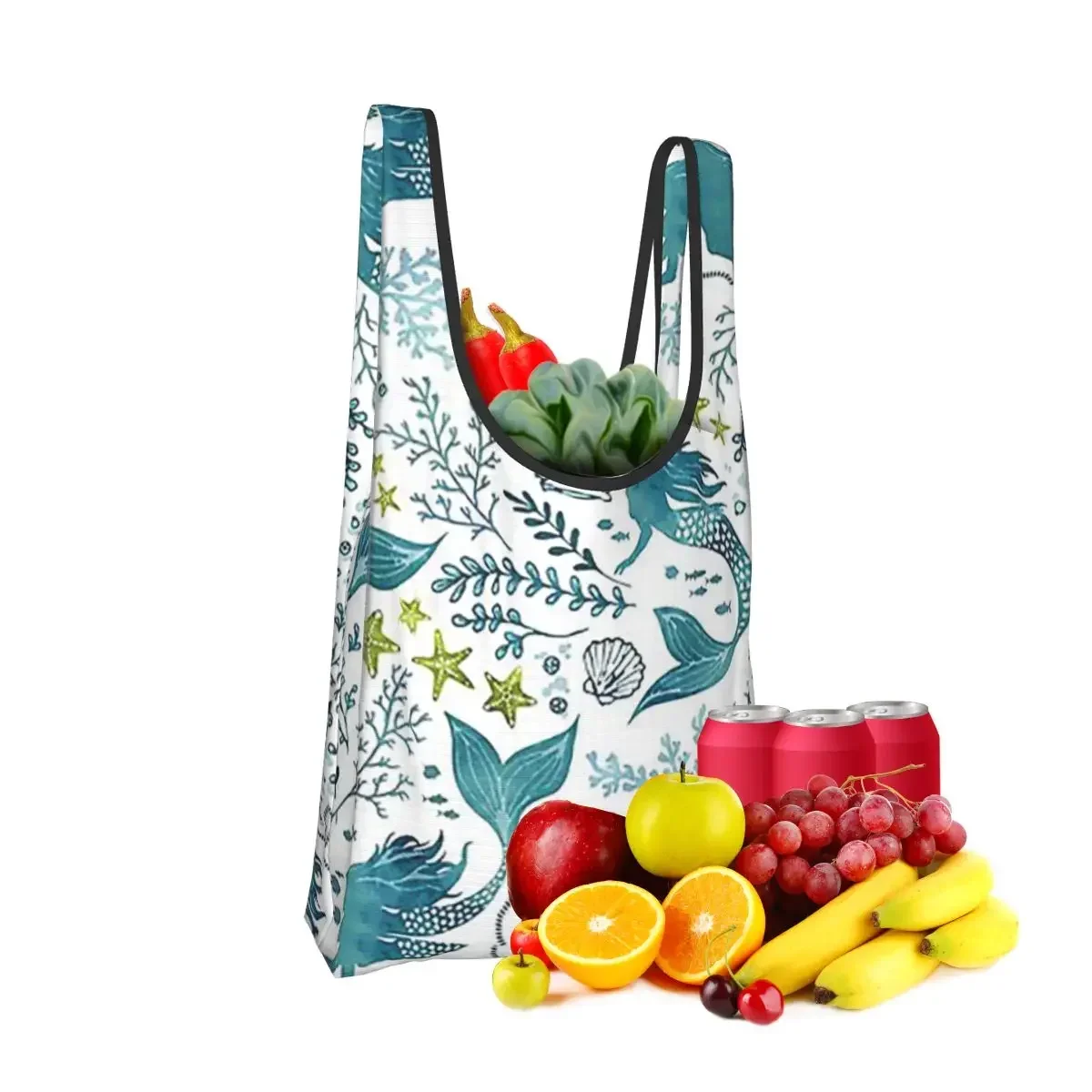 Mermaid Ocean Light Shopping Bag Portable Tote Bags Reusable Shoulder Shopper Bag Grocery Handbag