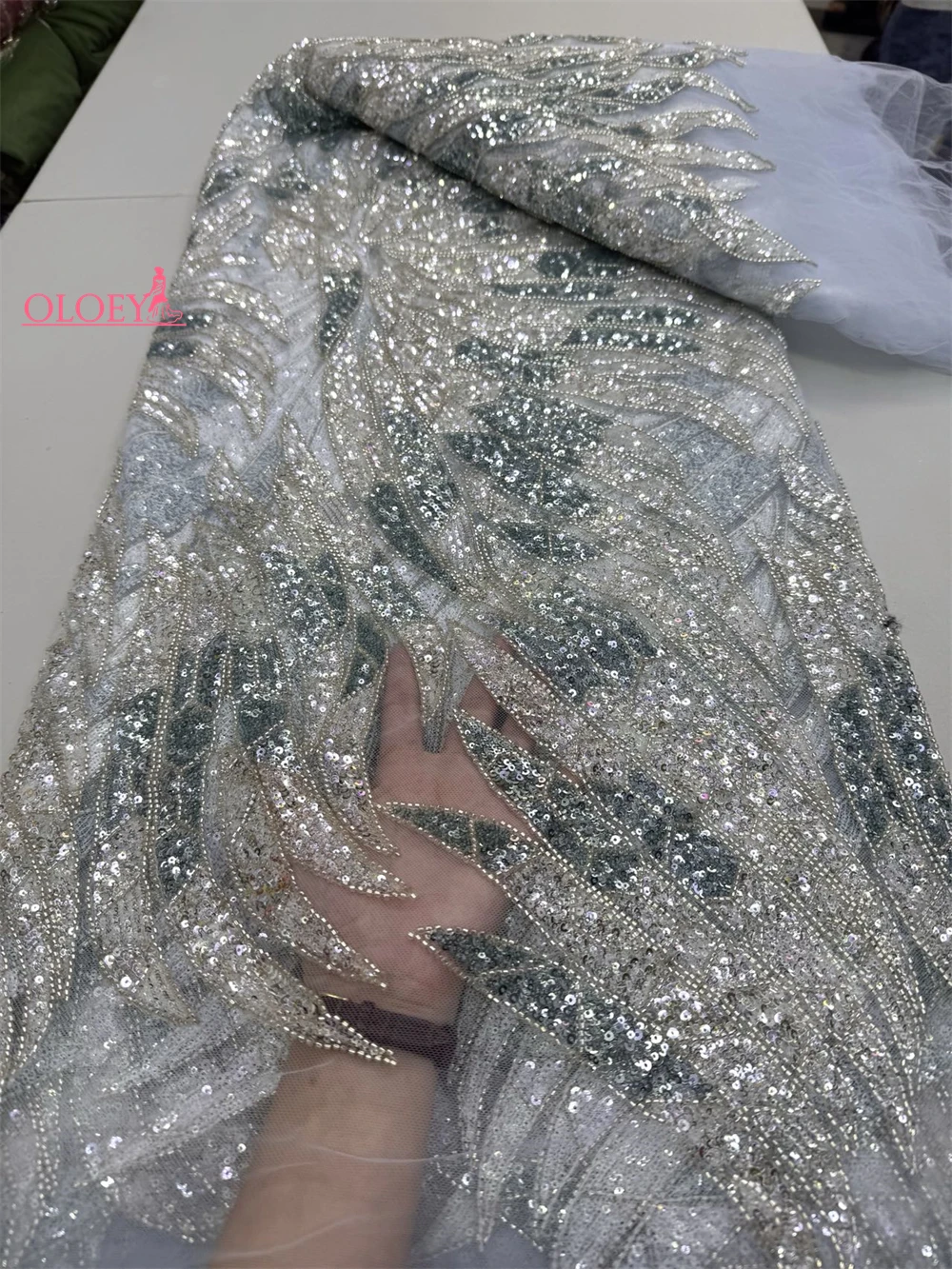 

Latest Hot Sale Fashion Africa Lace Fabric High Quality Handmade Embroidery Lace With Beads Sequins Party For Wedding Dress