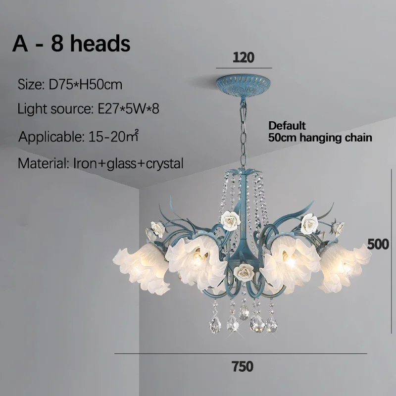 SANDYHA French Pastoral Pendant Lights Flowers Glass Crystal LED Chandelier Warm White Lighting Living Room Bedroom Decor Accent