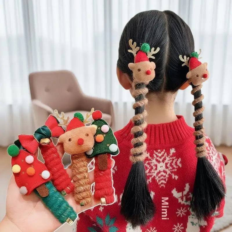 1/2PCS Christmas Spiral Hair Ties For Women | Elastic Hair Ties Snowflake Colorful Christmas Glove Candy Cane Charm | Holidy Gif