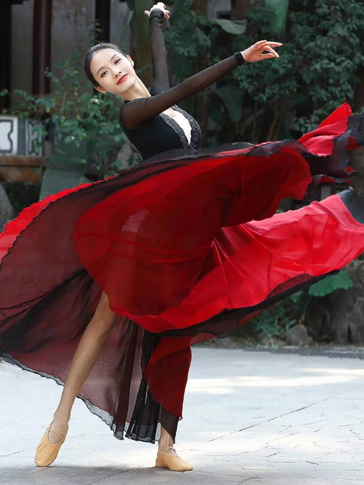 Chinese style classical folk dance long skirt practice performance clothing flowing double tensilk 720 degrees skirt