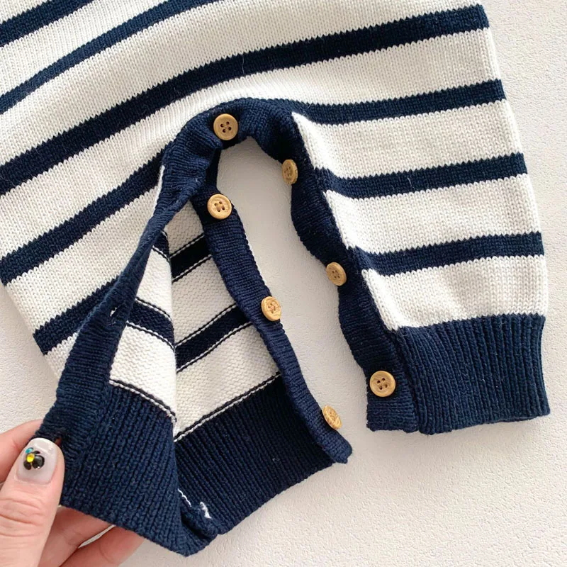 INS Newborn Baby Knitted Romper 0-3Years Kids Boy Girl Long Sleeve Striped Hooded Jumpsuit Playsuit Warm Outwear Autumn Clothes