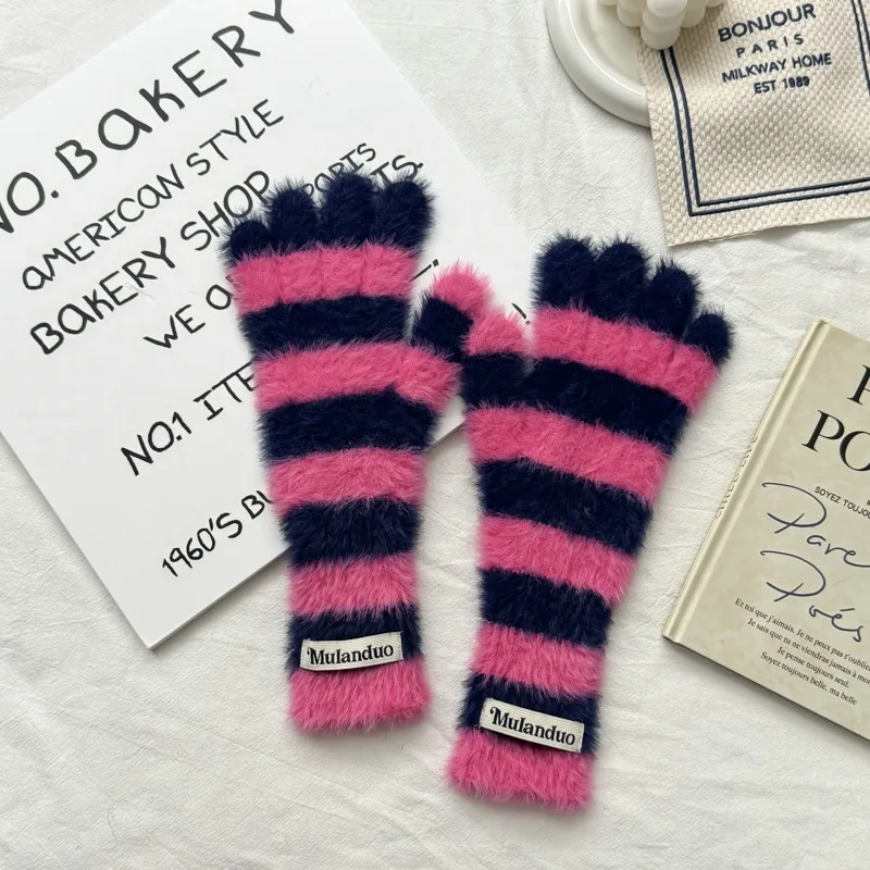 2025 المنك مثل مخطط نمط جو قفازات محبوكة المرأة الخريف والشتاء الدافئة المفتوحة إصبع شاشة تعمل باللمس قفازات مقاومة للبرودة