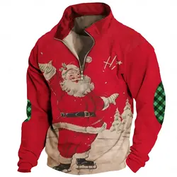 Santa Claus Print Men's Half Zip Long Sleeve Sweatshirts Autumn Christma Clothes Fashion Stand Collar Loose Tops X'mas Pullover