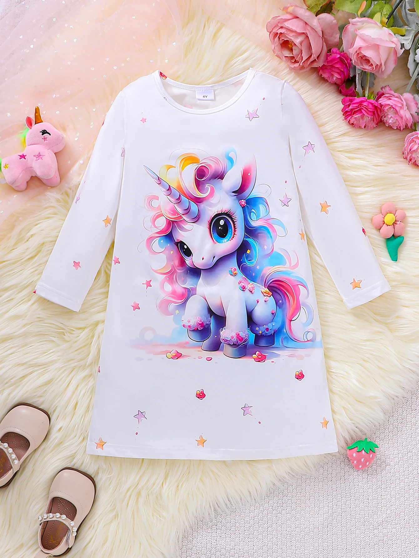 Girls' Unicorn Long Sleeve Sleep Dress Autumn Style with Milk White Background And Oversized Rainbow Unicorn Print