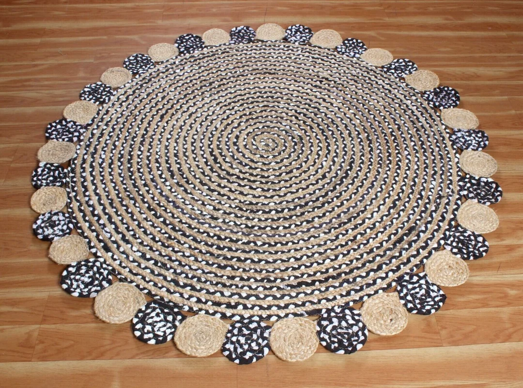 Rug Cotton and Natural Jute Circular Design Carpet Double-sided Woven Modern Carpet Bedroom Decor