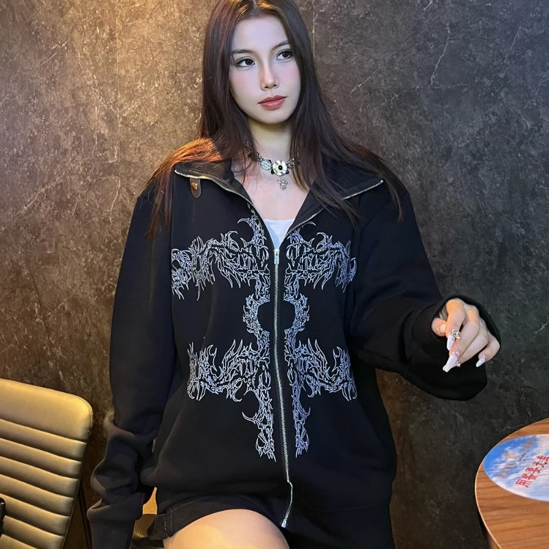 Woman New Restore Ancient Ways Elegant Brief Street Clothes Fashion Punk Stand-up Collar Individuality Hoodie Printing Cardigan