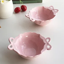 Embossed Pink Bow Ceramic Bowl,mini 5inch Fruit Salad Bowl,Solid Color Kitchen Plate Tableware,Household Cake Dish Round Bowl