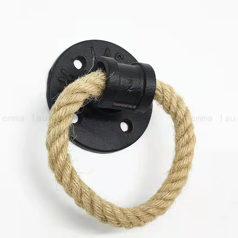 Black Cast Iron Handle Hemp Rope Pull Ring Room Drawer Handles Single Hole Knobs Cabinet Door Knob