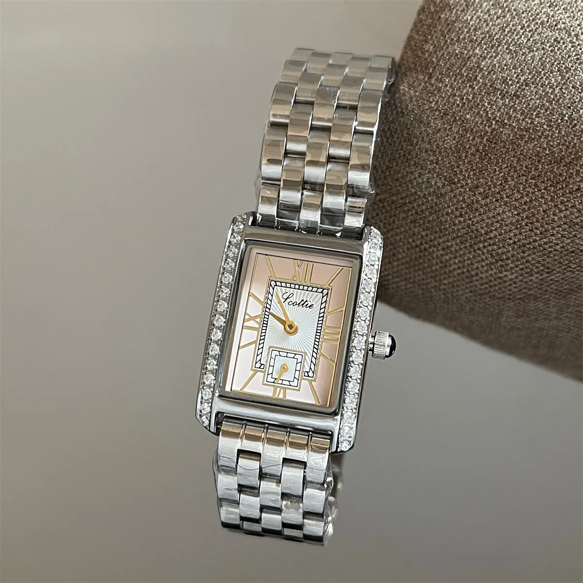 Scottie Square Women's Watches Elegant Rhinestone Bezel Silver Stainless Steel Bracelet Fashion Quartz Dress Watch For Ladies
