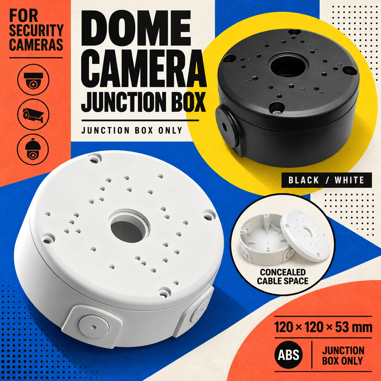 Black / White CCTV Camera Bracket Junction Box Cable Deep Base Camera Mount Bracket Round Bracket For Dome Cameras