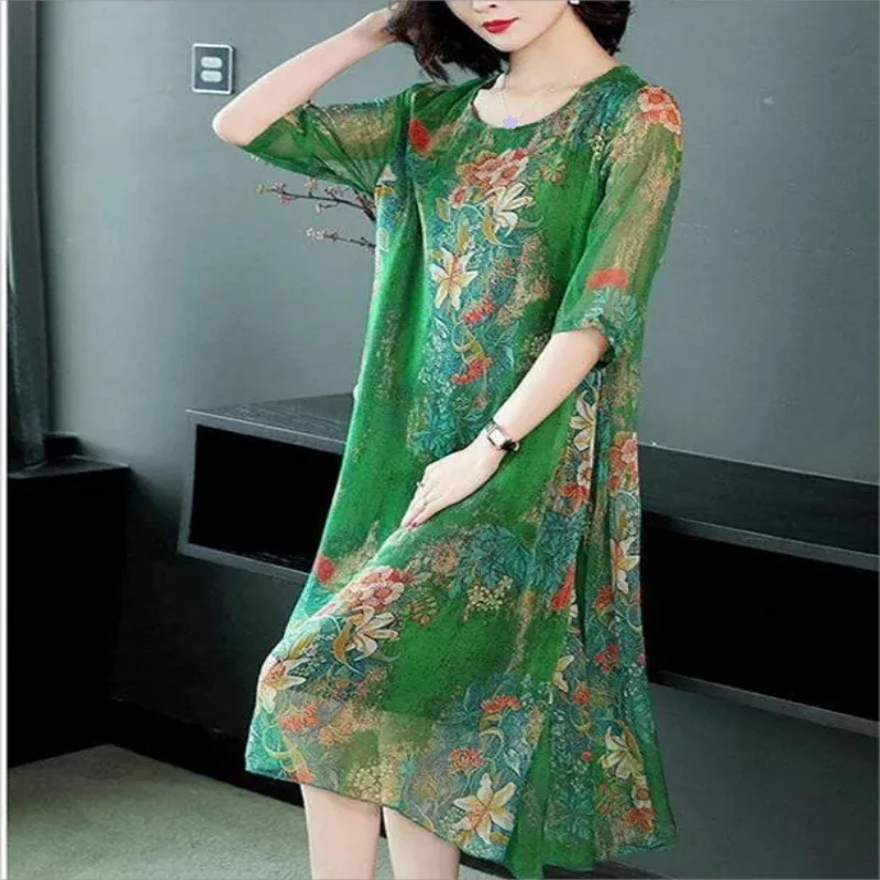 

Vintage Printing O-Neck Spliced Gauze Loose Floral Dress Women's Clothing 2024 Summer New Oversized Office Lady Midi Dress