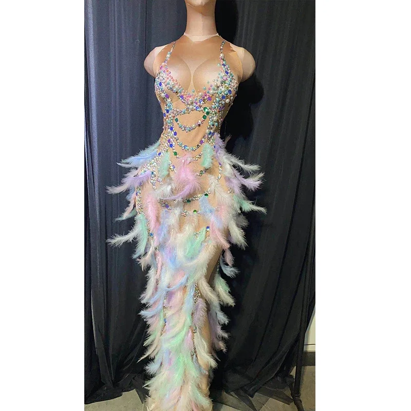 Colorful Feather Dress Sexy Women Singer Stage Show Outfit Crystal Stone Club Entertainer Party Dress Prom Social Costume