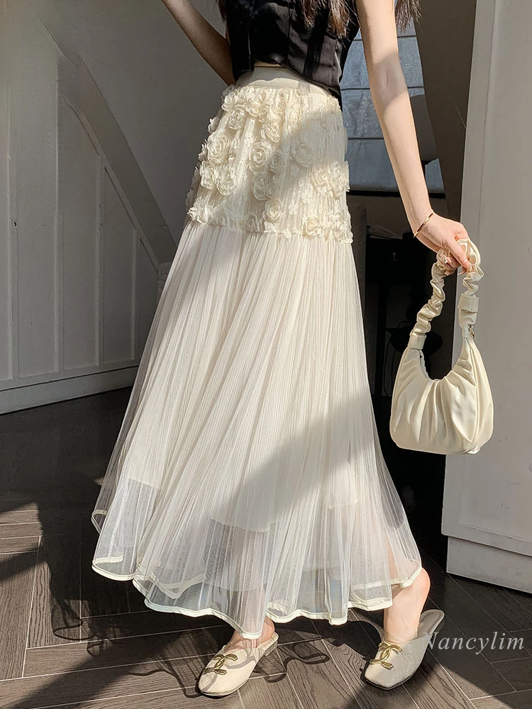 

Gentle Pleated Long Skirt for Women Summer High Waist Design Three-Dimensional Flower Skirt Drape Super Fairy Mesh Skirts