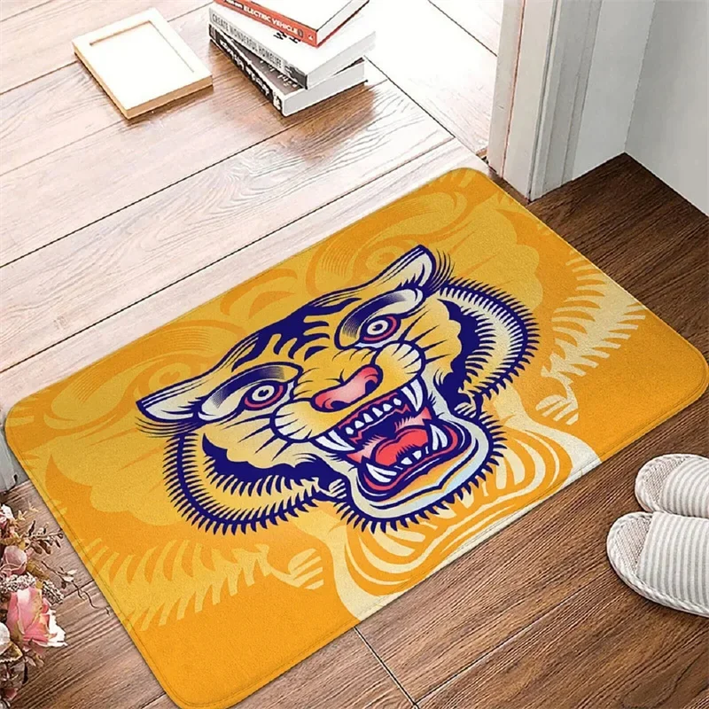 GothGothic Non-slip Entry Door Mat Traditional Tattoo Tiger Leopard Head Illustration Floor Mat Carpet