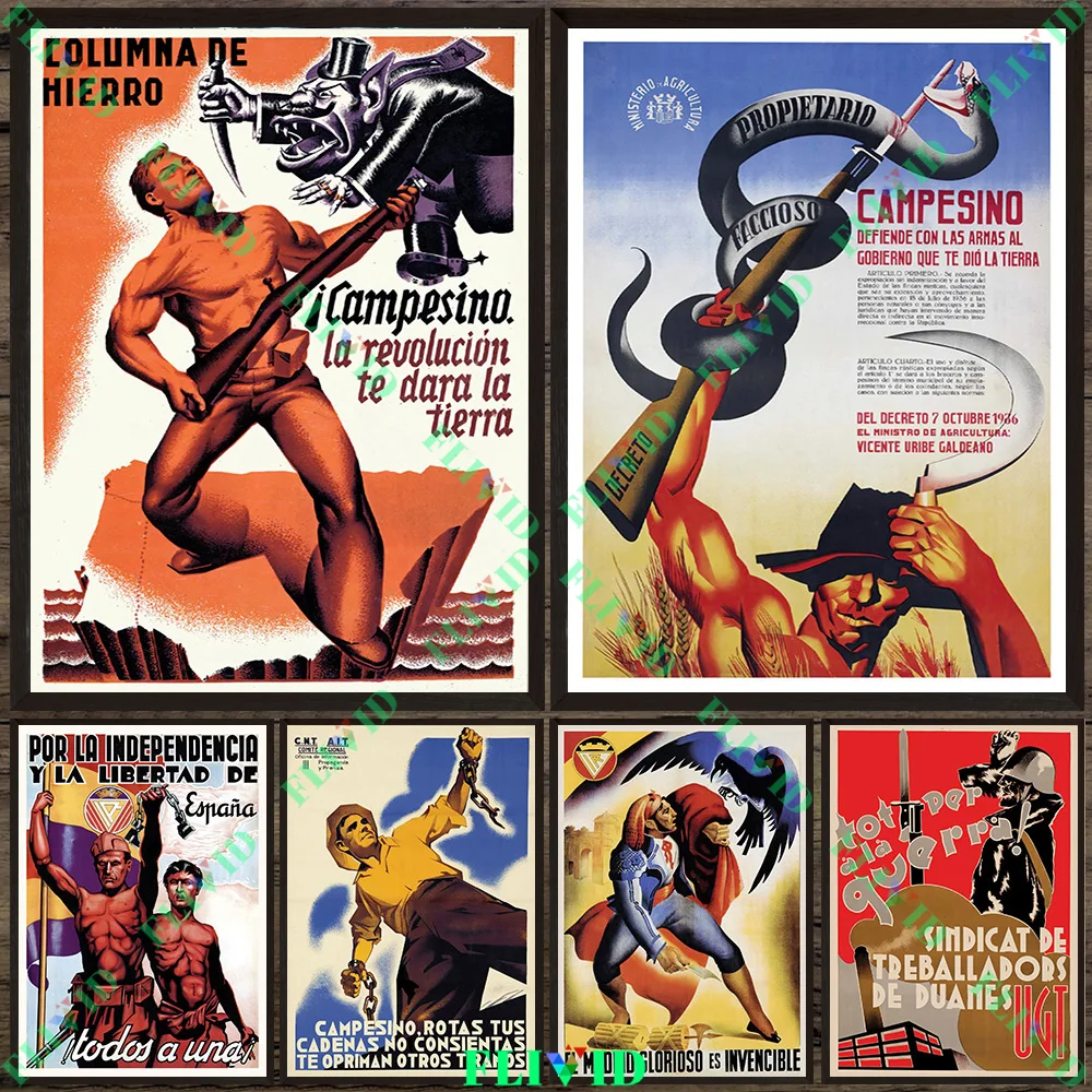 

Spanish Civil War Propaganda Poster Wall Art Canvas Painting,Spanish Republic Trade Union Siege Battle Art Print Home Decor