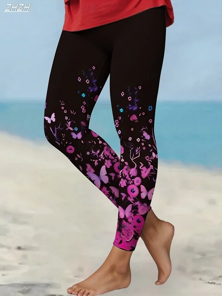 Leggings femininas flor impressa calças ao ar livre poliéster elastano estiramento cintura elástica, controle outono inverno streetwear