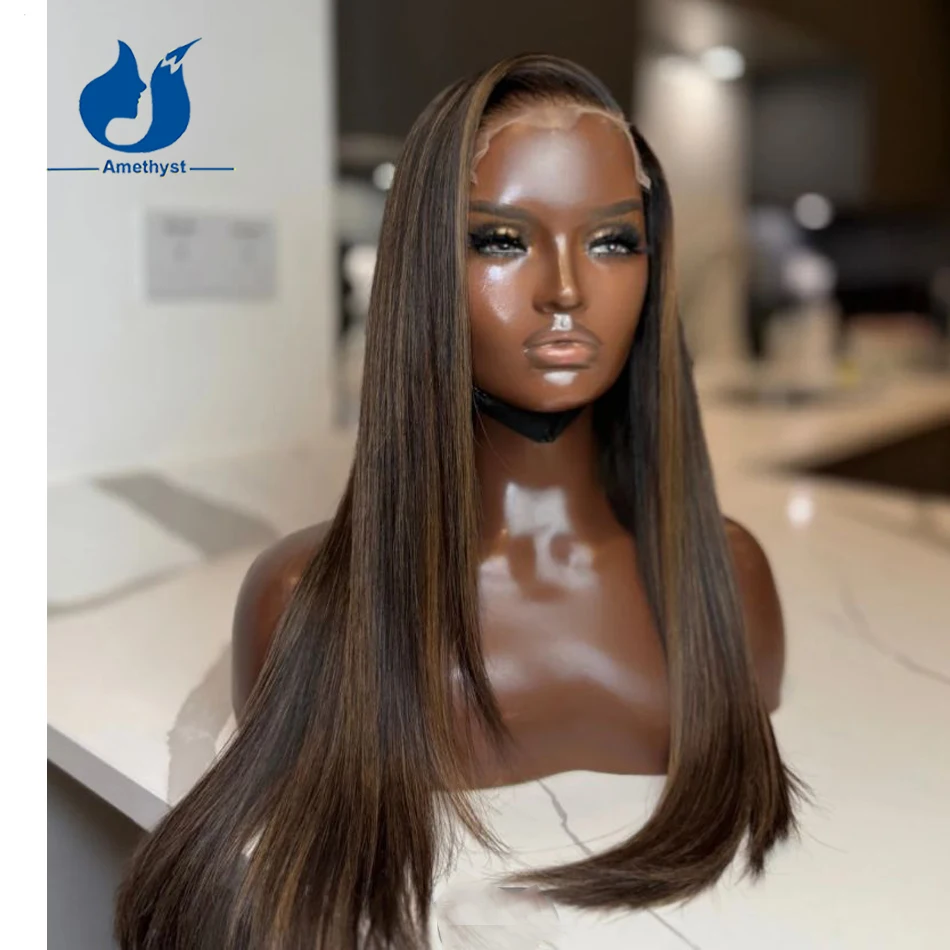 Amethyst Straight Brown with Blonde Highlight 5.5x4.5 Silk Base Lace Colsure Wig Human Hair for Women Side Part Pre Plucked