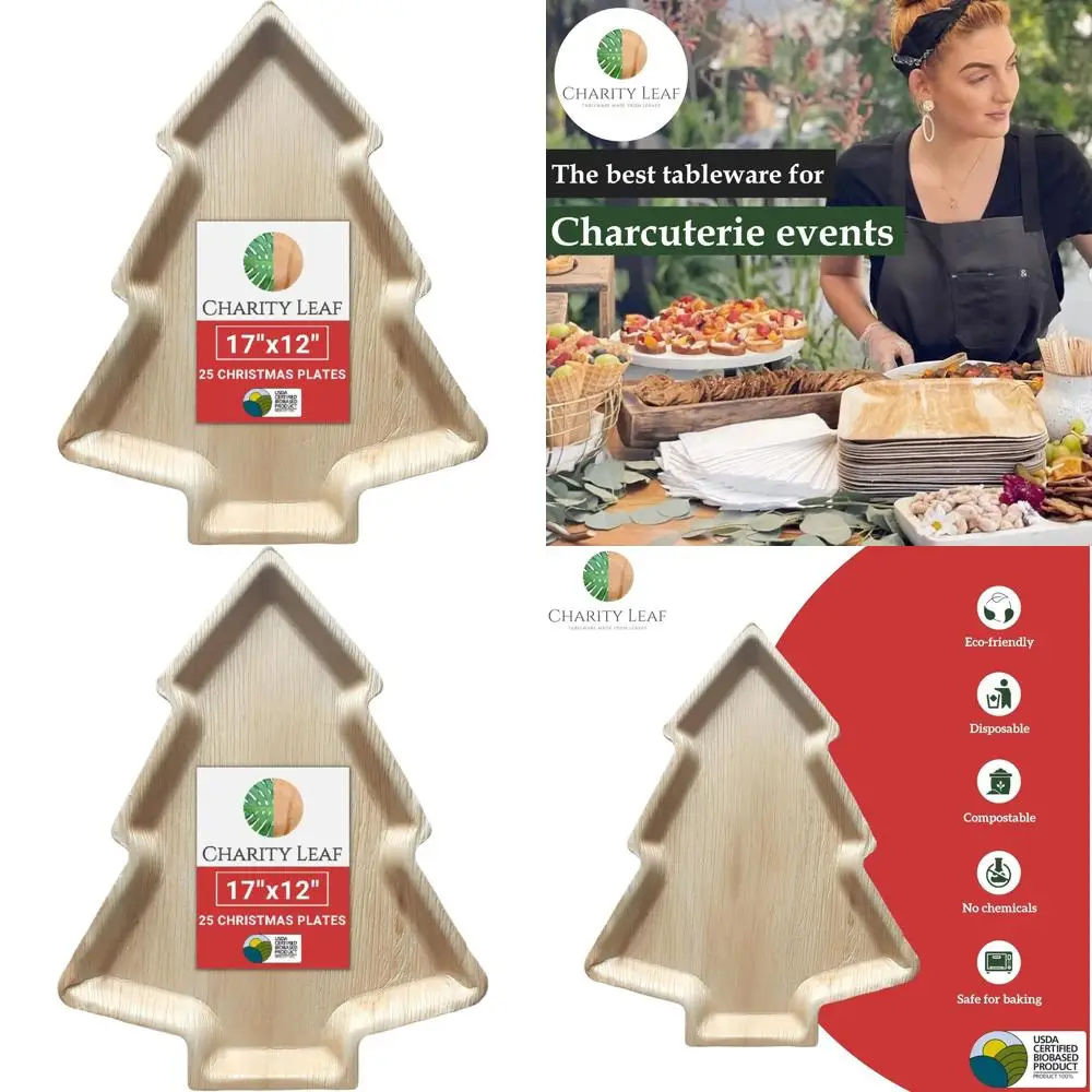 

Eco-Friendly 17x12 Palm Leaf Christmas Plates - Set of 25, Ideal for Weddings, Catering, and Events