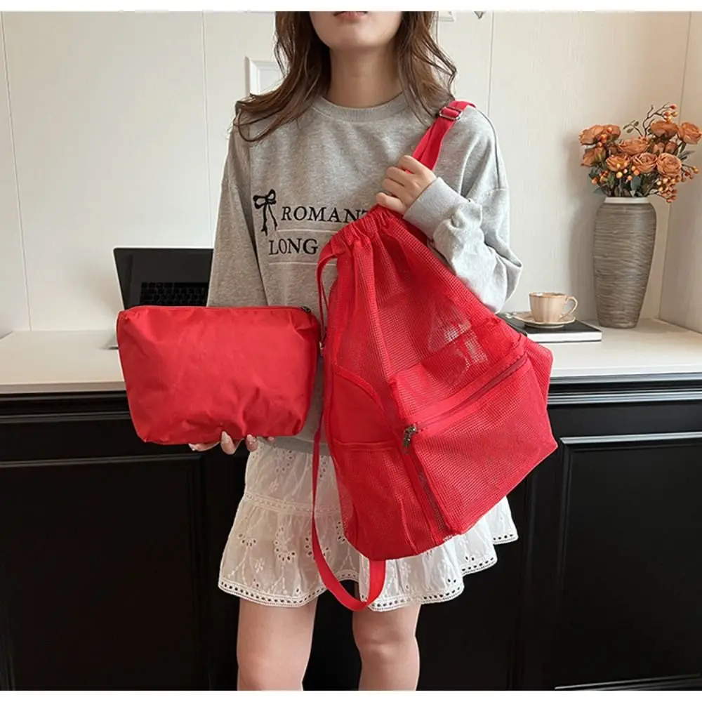 Sweet Korean Style Drawstring Backpack Portable Hollow Nylon Backpack Solid Color Shoulder Bag Mesh Beach Bag Women