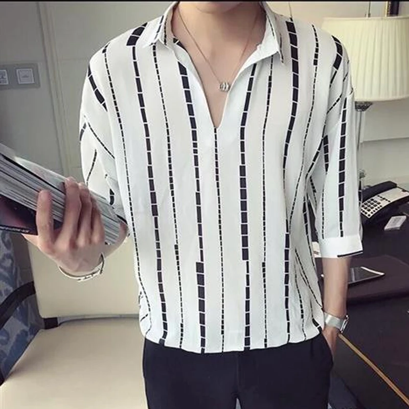 T-Shirts  Striped Elbow Sleeve Pullovers Simplicity Man Spring Summer Thin Handsome2023 Men\'s Clothing Turn-down Collar Casual