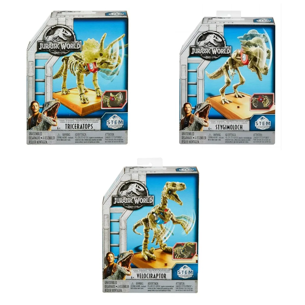 Mattel Jurassic World Fossil Strikers Velociraptor, Stygimoloch and Triceratops Figure FTF03 for Brithday\'s Gift