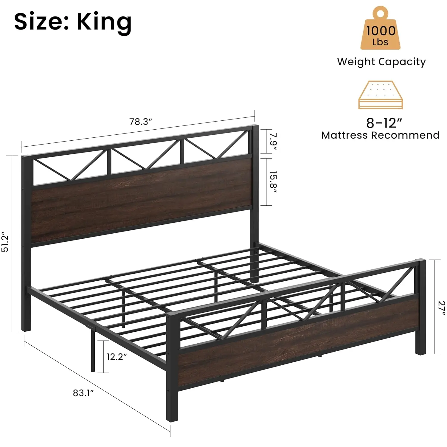 King Bed Frame, Tall Industrial Headboard 51.2 ", Platform Bed Frame with Strong Metal Support, Solid and Stable, Customized view 2