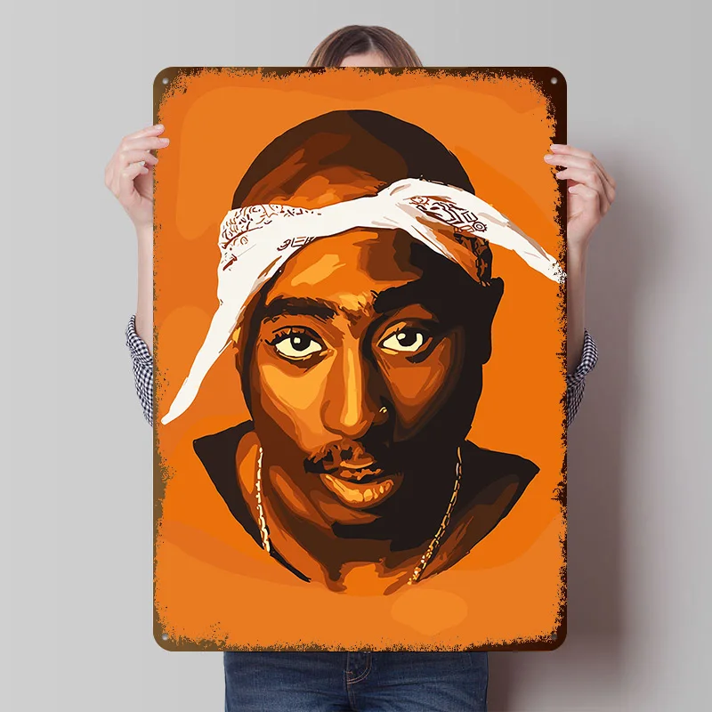 Tupac Shakur Portrait Printed Poster Customized Retro Wall Art Vintage Metal Tin Signs for Home Aesthetic Room Decor Men Items